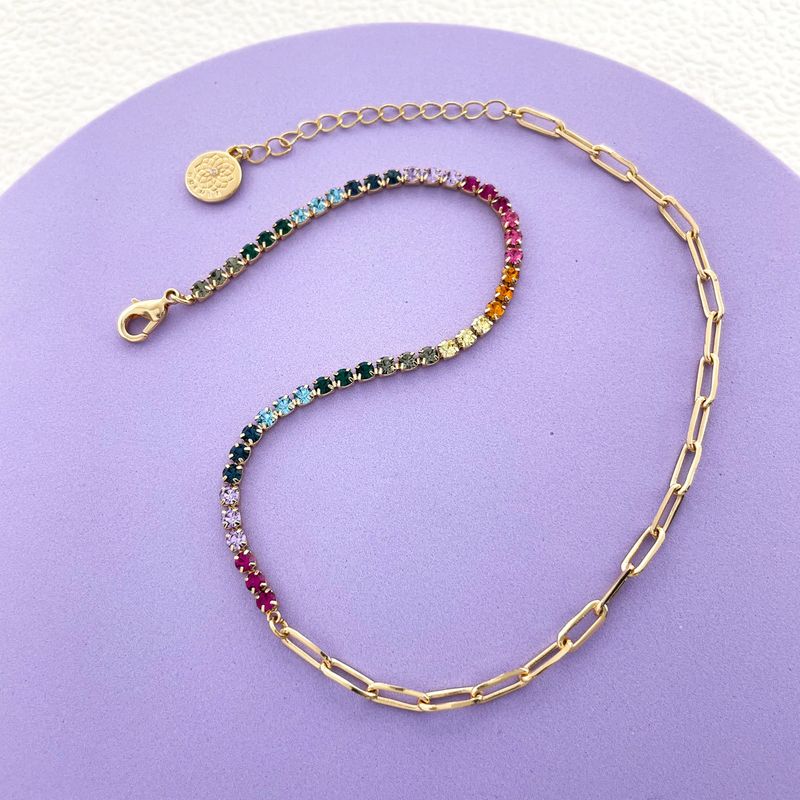 Colar colorido, corrente personalizada com strass, pingente curto com emenda, acessório versátil de metal para mulheres_voghion.com