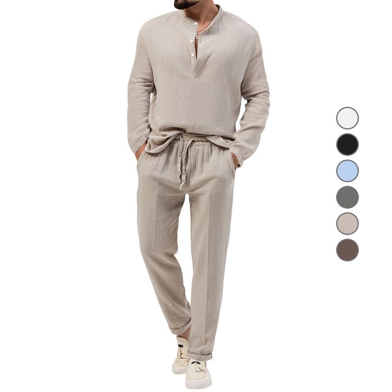 Men's solid color casual T-shirt long sleeve shirt pants suit_voghion.com