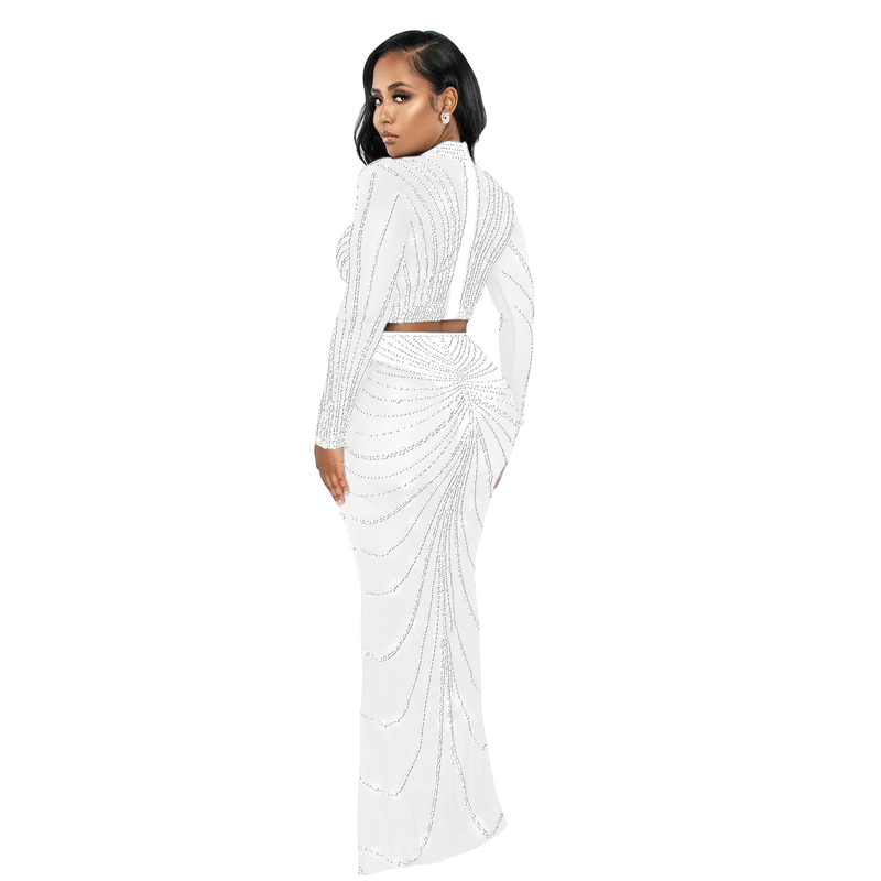 Kadın Giyim Mesh Mesh See Through Uzun Kollu Uzun Etek İki Parça Set_voghion.com