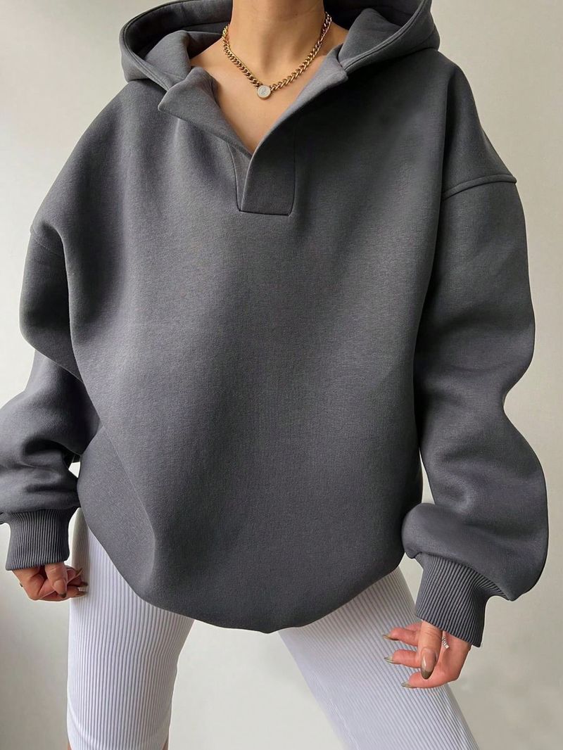 Women's Clothing Sweatshirt Solid Color Long Sleeve Hooded Solid Color Loose Sweater Women's Top_voghion.com