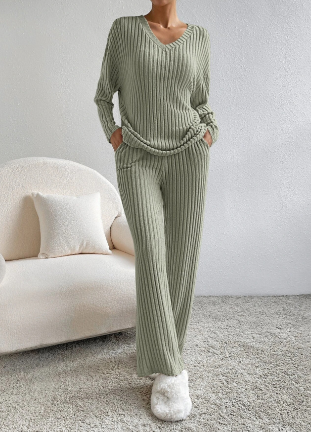 Women's clothing two-piece set for women fashion casual straight pants temperament loose V-neck pit strip knitted set_voghion.com