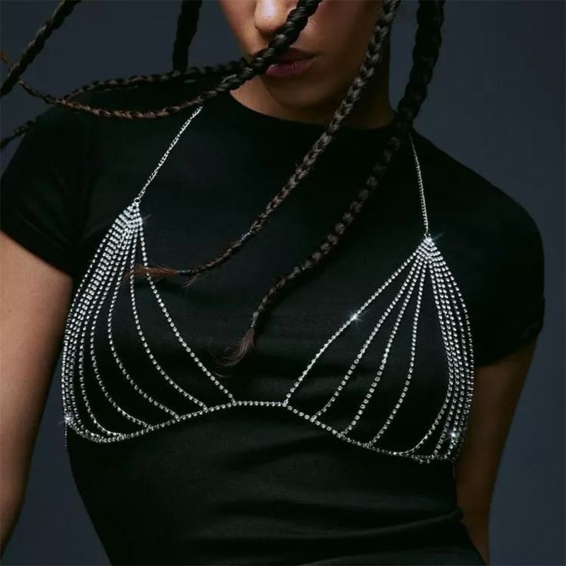 Elegante collana con strass per il corpo da donna, ideale per feste, spiaggia e serate fuori - Collana a strati elegante e sexy e accessorio per il petto_voghion.com