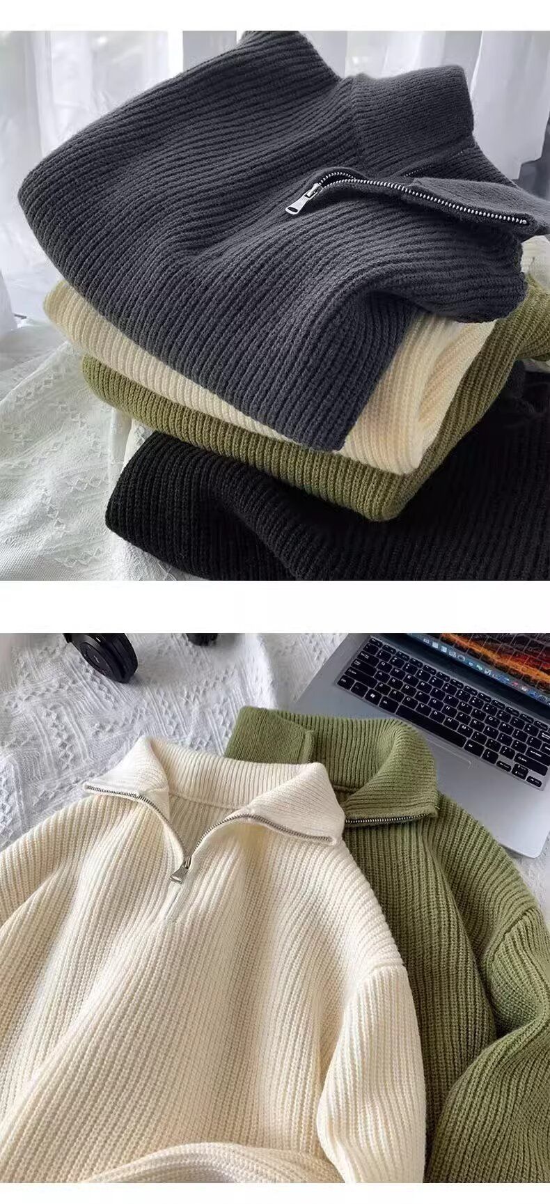 Suéter masculino de gola alta com zíper e meio zíper, novo suéter de malha de cor sólida para inverno, estilo preguiçoso, jaqueta casual para combinar_voghion.com