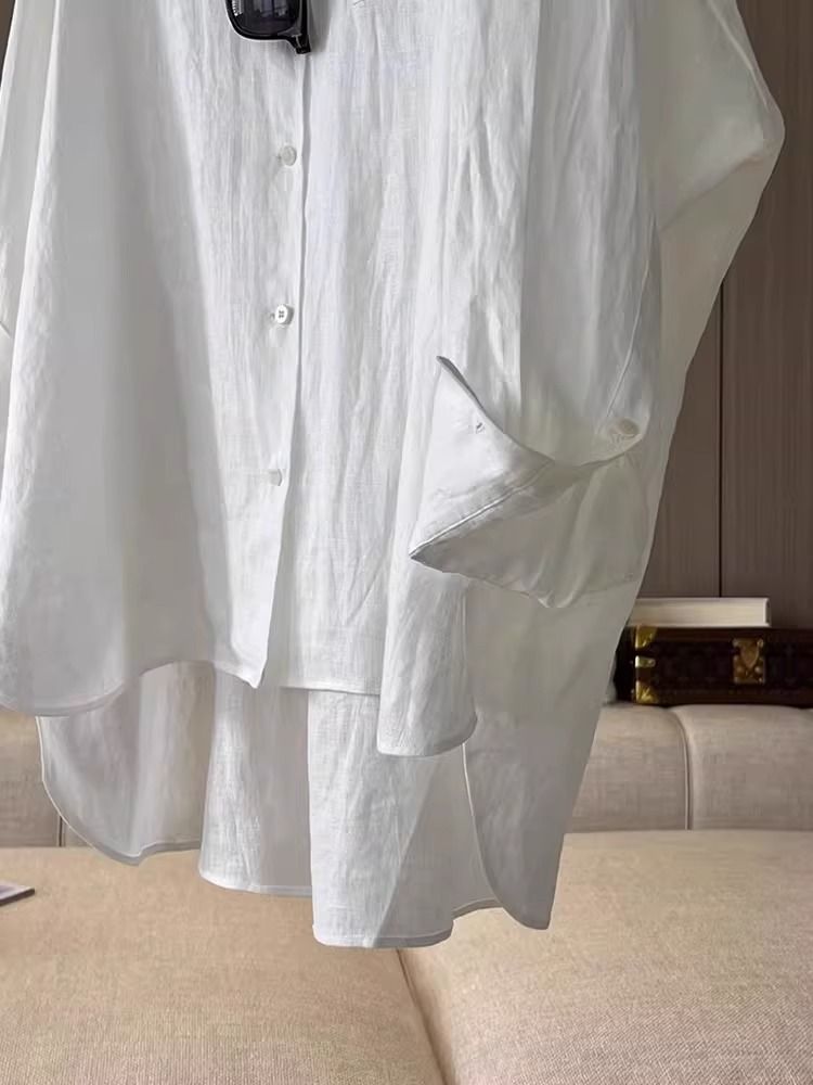 Camicia a maniche lunghe in cotone e lino per donna in estate, camicia con protezione solare, design di nicchia, in lino, capispalla francese_voghion.com