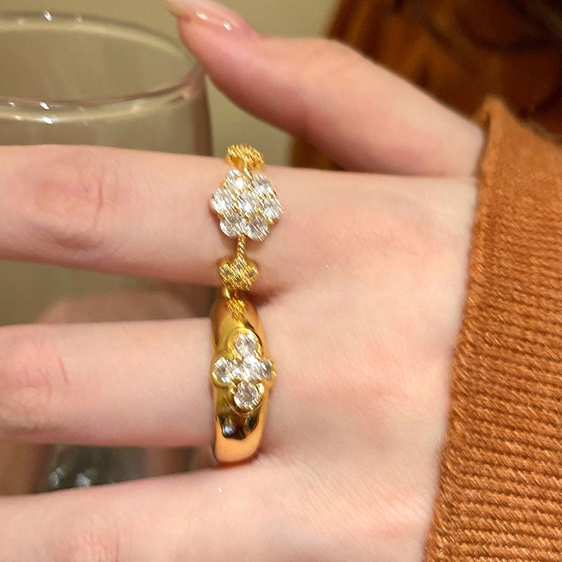 Retro Zircon Flower Opening Ring For Women Niche Simple Light Luxury Index Finger Ring Fashionable Temperament High-end Feel Hand Jewelry For Women_voghion.com