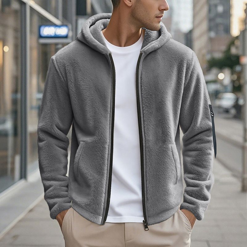 Giacca con cappuccio foderata in pile da uomo, caldo cappotto invernale con cerniera e morbido rivestimento bifacciale, vestibilità comoda per abbigliamento casual._voghion.com