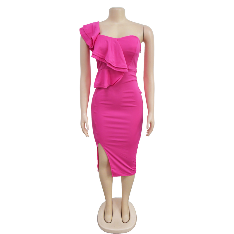 Damenbekleidung, modisches, lässiges, gerüschtes, schulterfreies Kleid mit Schlitz und Ärmeln_voghion.com