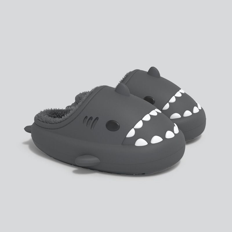 MTX Couple Shark Femmes Hiver EVA Semelle Souple Doublé Polaire Chaud Fourrure Pour Hommes Imperméable Parent-Enfant Coton Chaussons_voghion.com