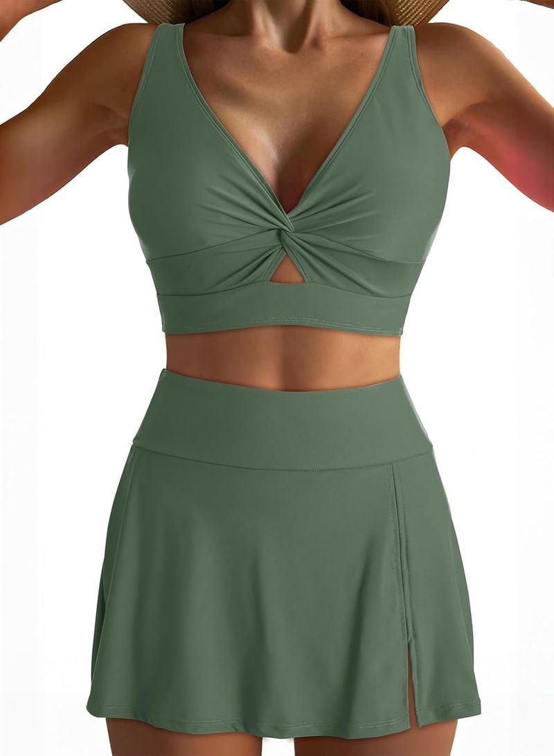 2025 New Solid Color Gathered High Waisted Skirt Pants Sexy Split Bikini Women's Swimsuit_voghion.com