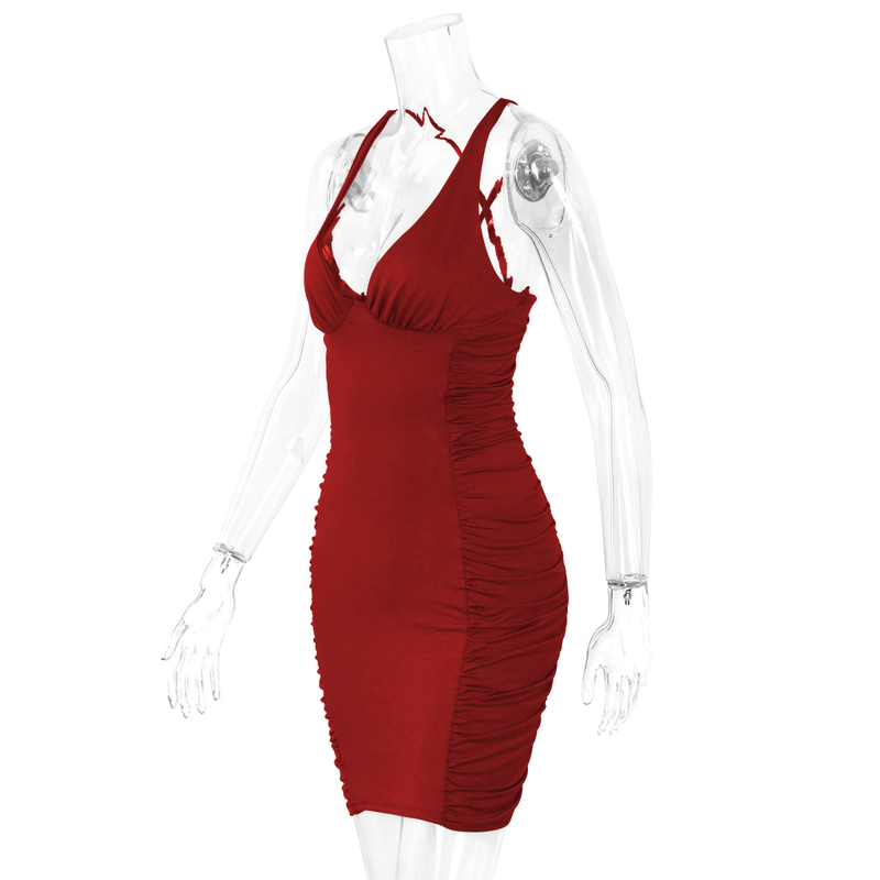 Women's V-neck backless sexy pleated red dress_voghion.com