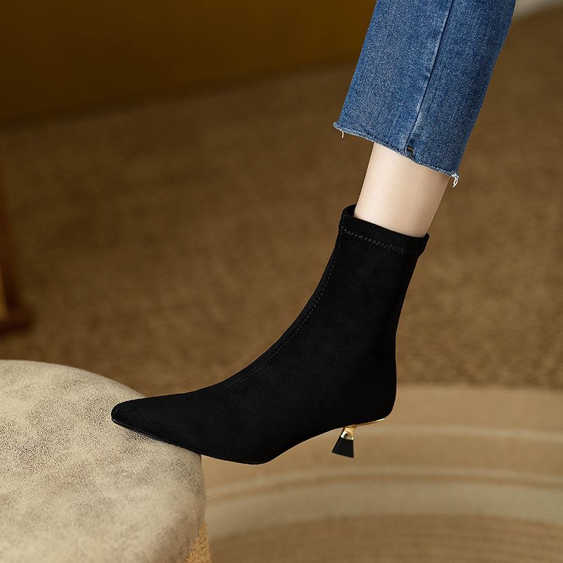 2023 French Style Kitten Heel Booties Women's New Suede Pointed Toe Stretch Thin Work Clothing Stiletto Mid-Heel Ankle_voghion.com