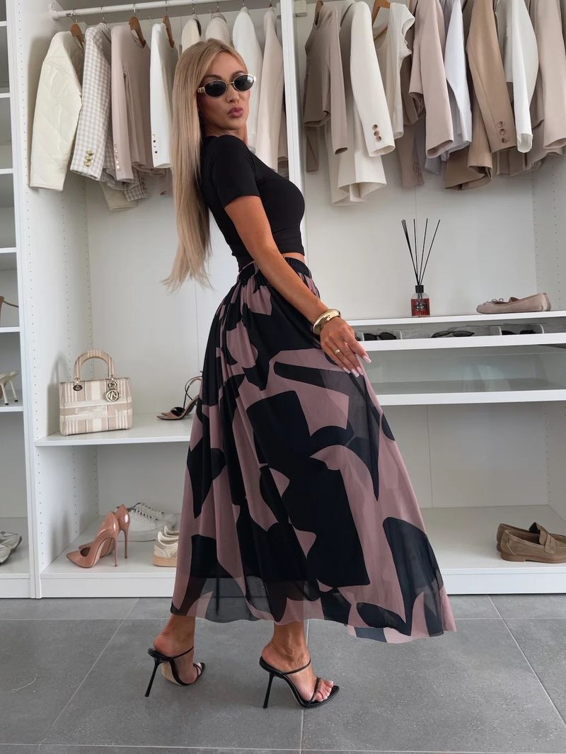 2025 New INS Style Mesh Print Waist-Cinching Flared Casual Midi Skirt_voghion.com