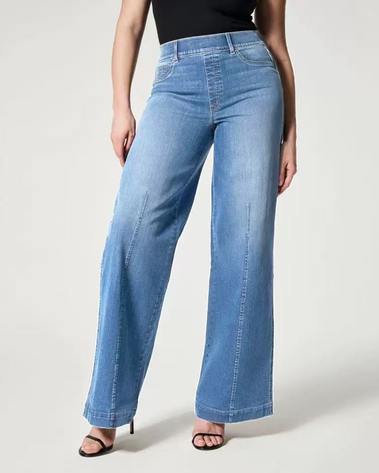 Women's High Waist Stretch Washed Denim Wide Leg Pants - Comfortable Mid Rise Jeans With Elastic Waistband For Casual Wear_voghion.com