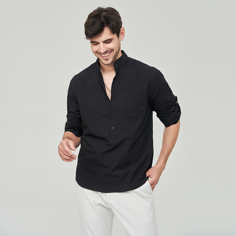 Camicia da uomo a maniche lunghe in cotone 2024 Primavera/Estate Puro cotone Art Henley Yiwu Camicia da uomo Abito formale_voghion.com