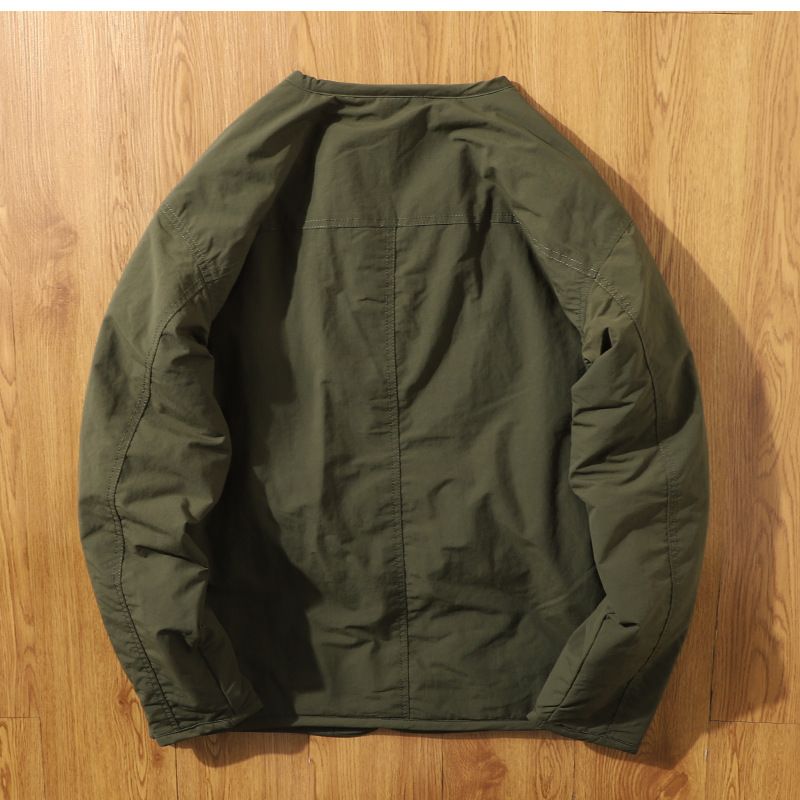 Retro Collarless Cotton Jacket Cotton Coat Men's Workwear V-neck Snap Button Cotton Coat Men's Jacket_voghion.com