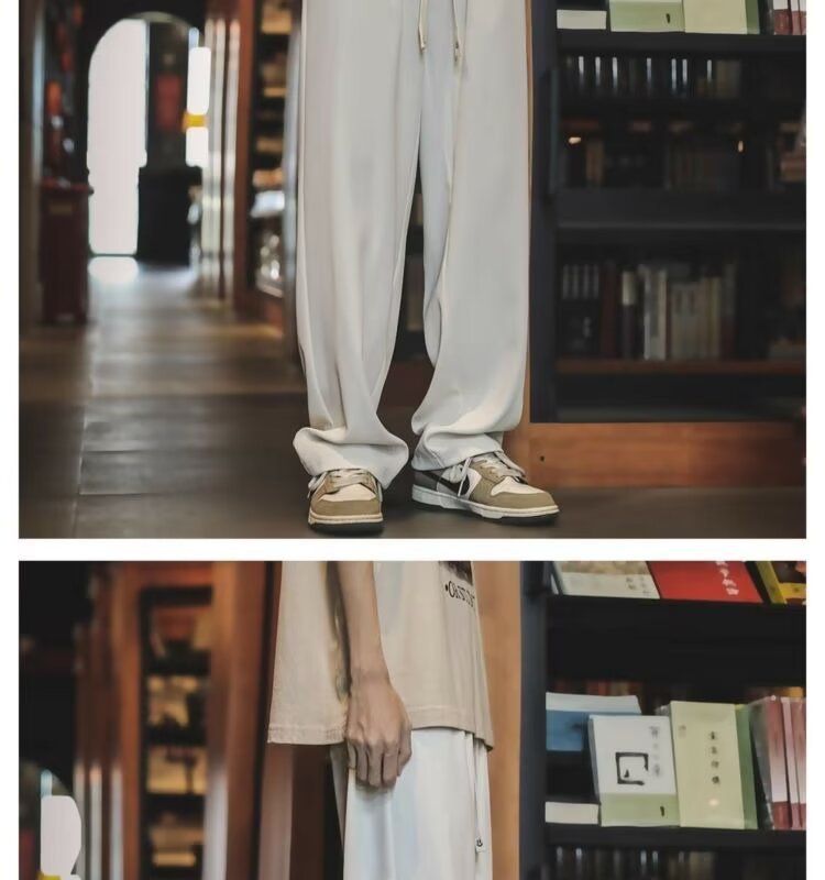 2024 New Khaki Ice Silk Spring And Autumn Suit Loose Straight Leg Casual Pants, Men's Style_voghion.com