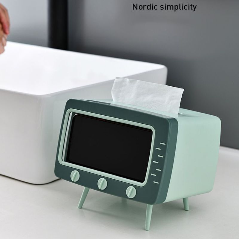 Kunjiuyou Scatola di fazzoletti 2 in 1 Multifunzionale a Forma di TV Dispenser di Carta Portatovaglioli Porta Telefono per Desktop-Bianco_voghion.com