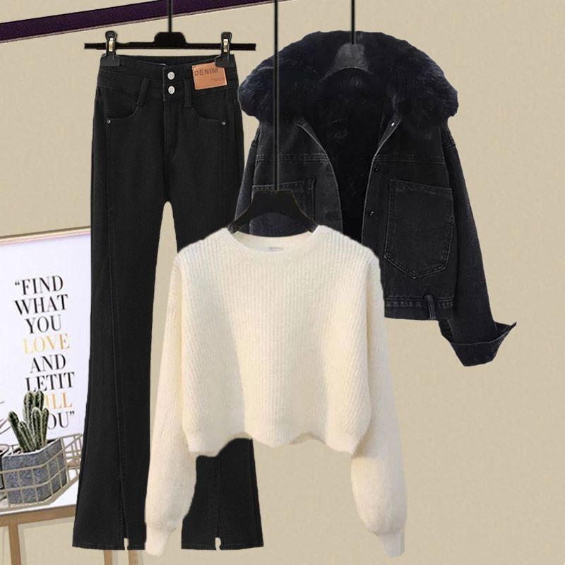 Damkläder Plus Size Dam höst- och vinterkostymer 2024 Nya förtjockade kappor Kvinnors mångsidiga stickade tröjor Jeans Tredelade kostymer_voghion.com