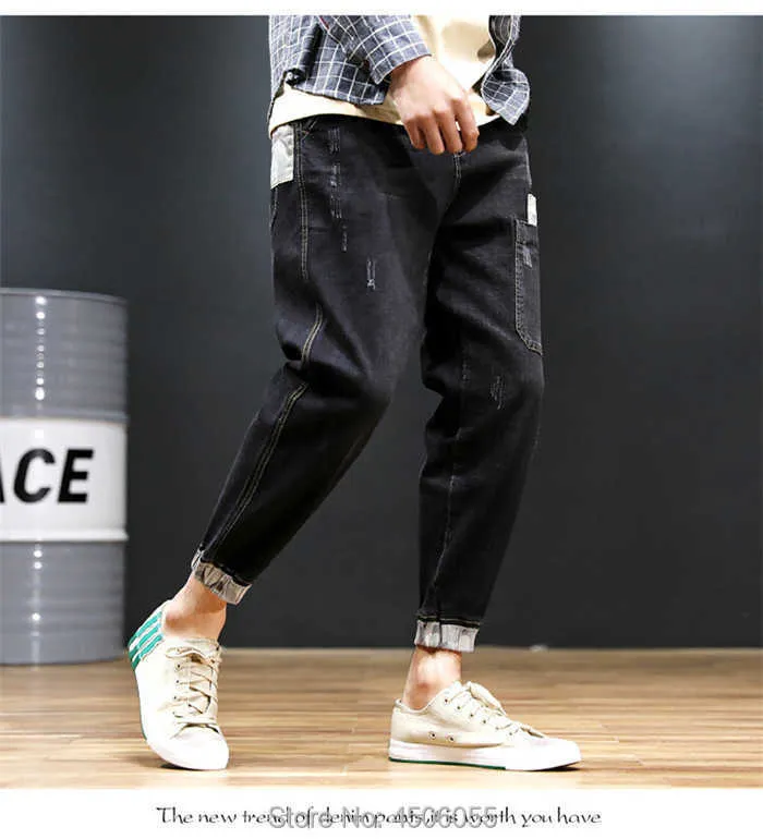 Jeans neri da uomo Pantaloni da jogging per ragazzi in denim blu denim da uomo Pantaloni da jogging per ragazzi hip-hop Harem elasticizzati Plus_voghion.com