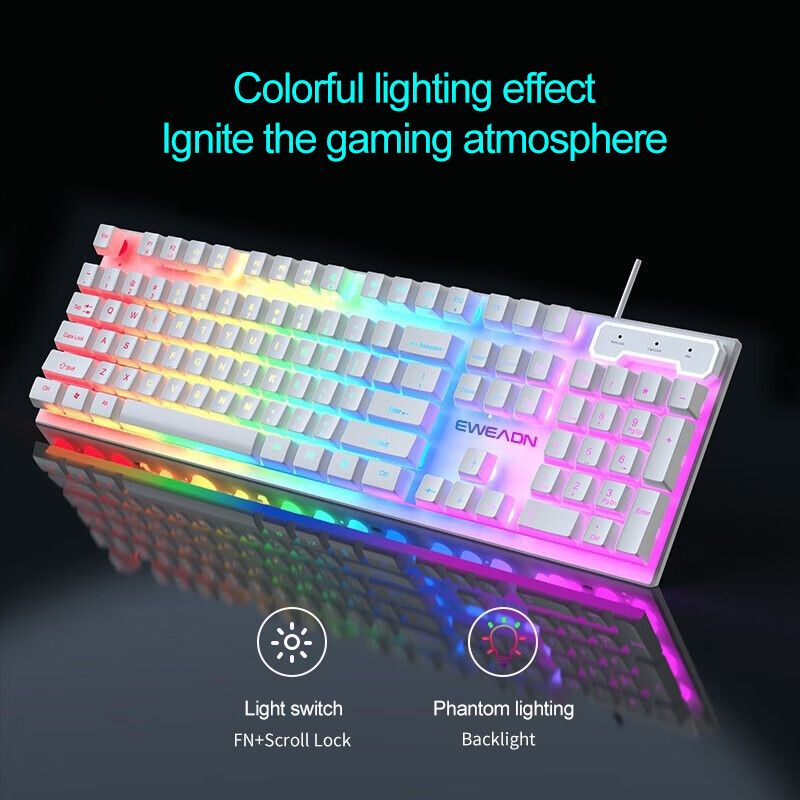 EWEADN Kabelgebundene Gaming-Tastatur, geräuschlos, 104 Tasten in voller Größe, LED-Hintergrundbeleuchtung in Regenbogenfarben, Windows-Laptop-PC, für Spiele_voghion.com