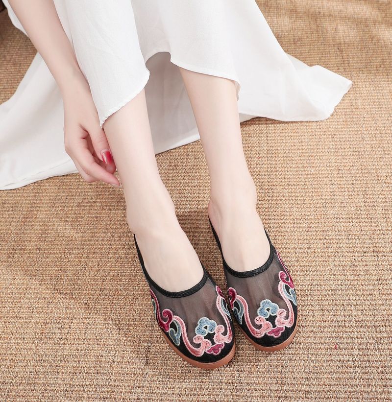 Slippers, Mesh Embroidered Fabric Shoes, Summer Cow Tendon Soles, Casual Women's Outerwear Sandals_voghion.com