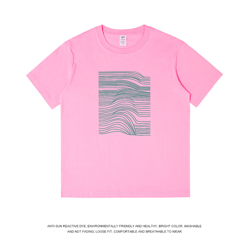 Printemps et été ligne simple imprimé t-shirt à manches courtes hommes coton 230g polyvalent col rond bas haut costume de couple pour femmes_voghion.com