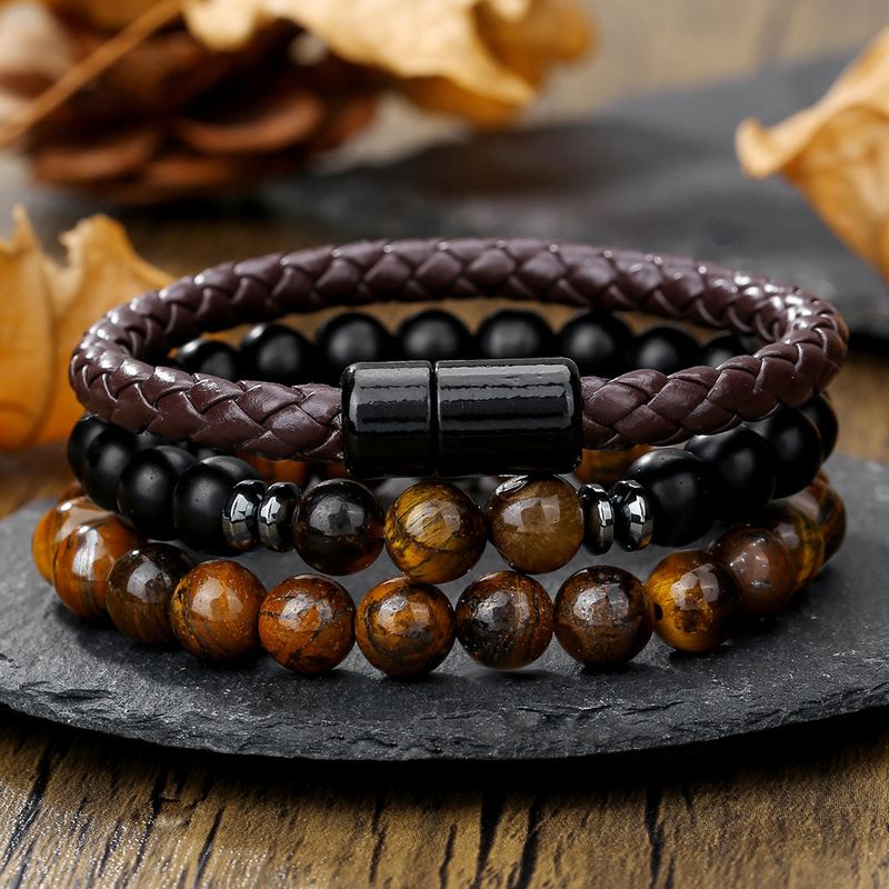 Bracciale con chiusura magnetica in pelle con perline, stile hip-hop punk, set di gioielli con pietra occhio di tigre e onice nero a strati_voghion.com