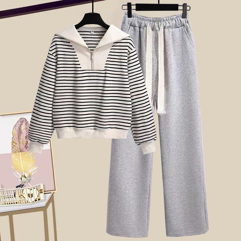 Completo trendy con felpa con cappuccio a maniche lunghe e colletto blu navy e pantaloni larghi con coulisse - Comodo abbigliamento casual da strada, tessuto in poliestere traspirante_voghion.com