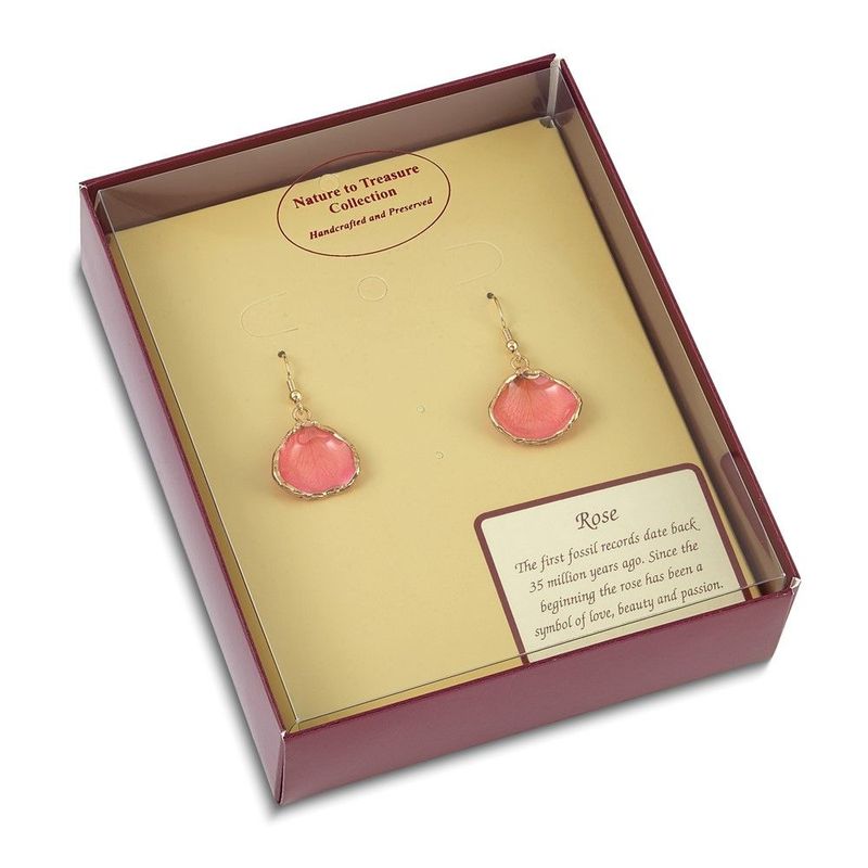 Gold-trim Lacquer Dipped Pink Real Rose Petal Gold-tone Dangle Wire Earrings_voghion.com