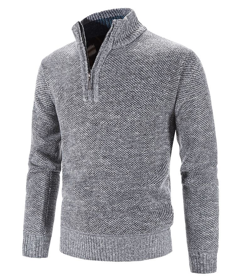 Autumn Winter Thick Knitted Solid Color Zipper Mock Neck Slim Fit Knit Sweater Men Casual Pullover Man_voghion.com