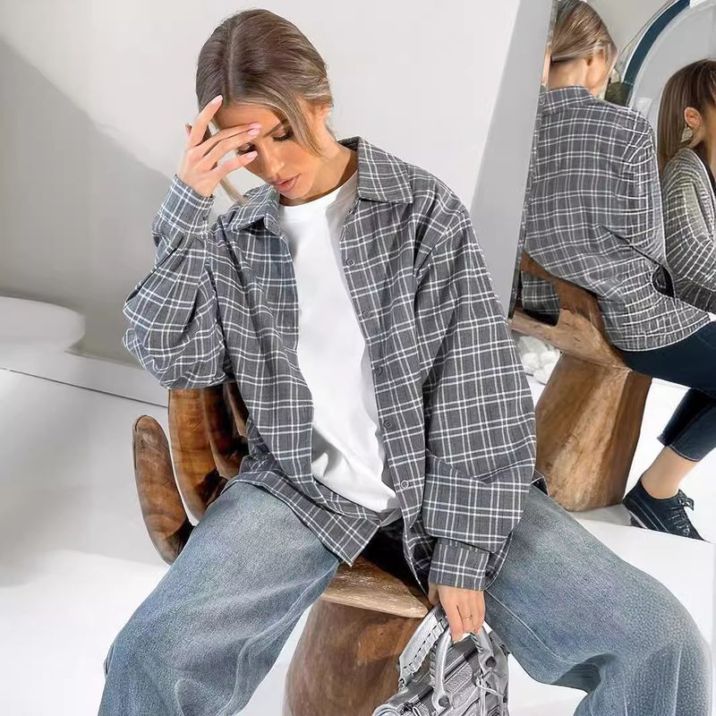 Verve 2025 Printemps Et Automne Nouvelle Chemise Grise Élégante À Carreaux Surdimensionnée À Col Rabattu Ample Mode Vêtements Femme_voghion.com