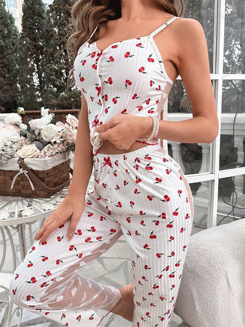 Damen Nachtwäsche Sexy Pyjamas Transparent Schöner Rücken Mesh Ärmellos Home Kleidung Liebesdruck Hosenträgerhose_voghion.com