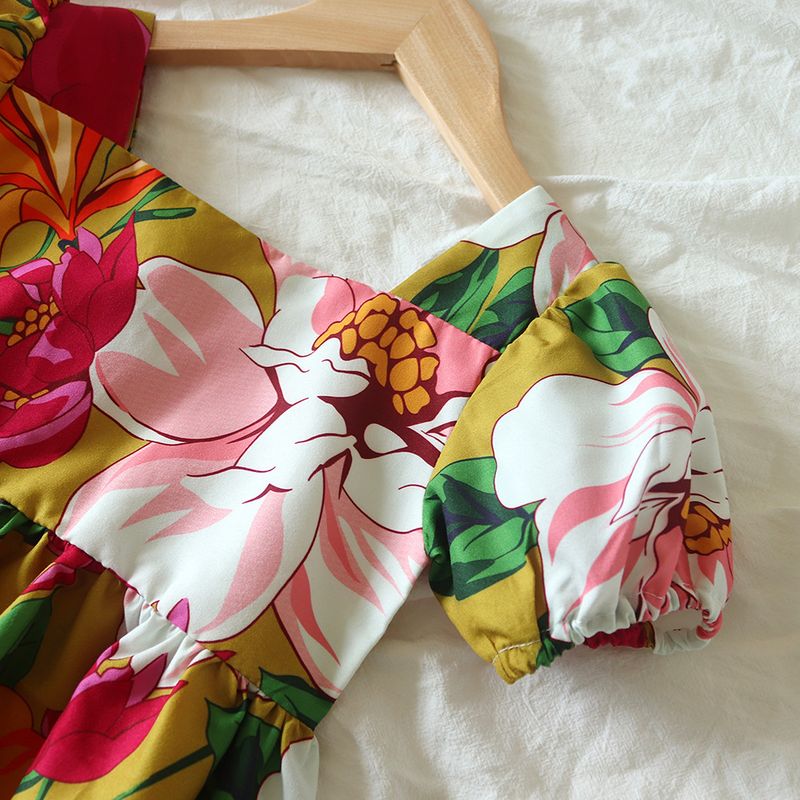 Madre e bambini Abiti moda per ragazze abiti estivi 2024 nuova versione coreana abito da principessa con stampa rosa codice foresta per bambini_voghion.com