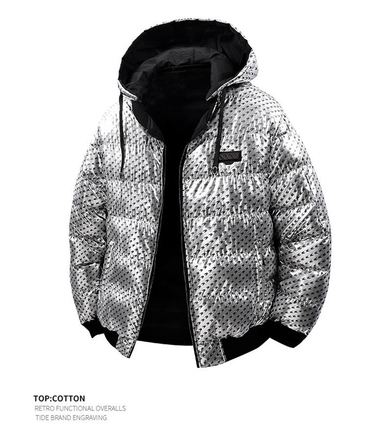 Jaqueta acolchoada masculina com estampa reversível e capuz removível - Casaco forrado de lã quente para inverno, casual e esportivo (preto, verde brilhante, branco prateado)_voghion.com