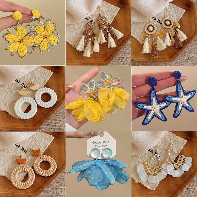 Resort Style Beach Large Flower Raffia High-End Light Luxury Starfish Studs Niche Elegant Earrings_voghion.com
