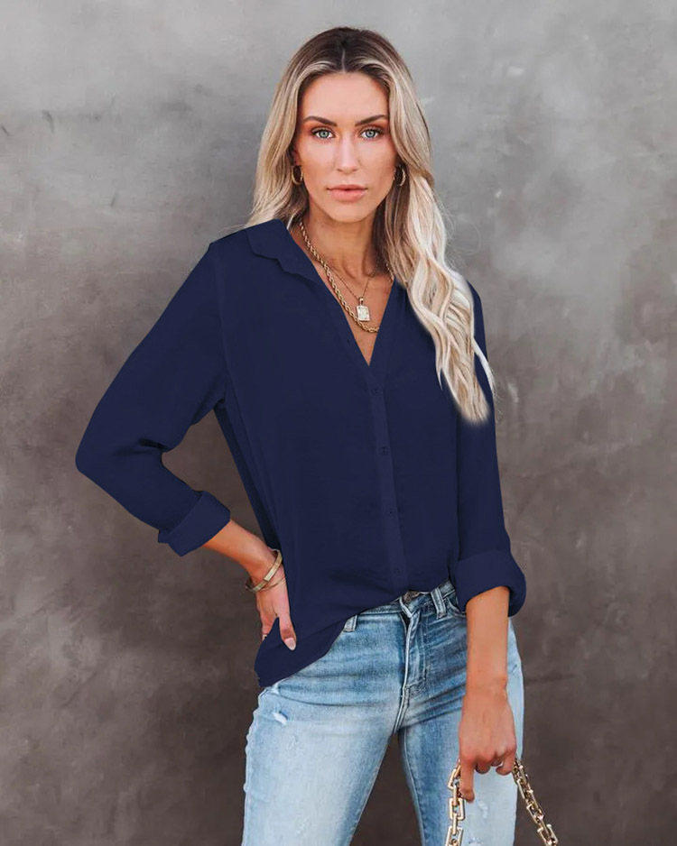 Camicia da donna con scollo a V a maniche lunghe, vestibilità casual, vestibilità ampia_voghion.com
