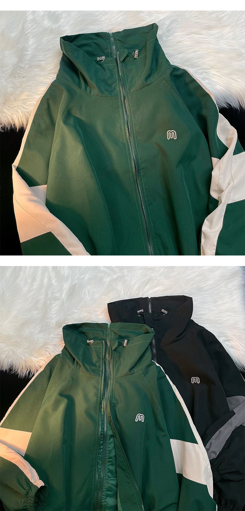 American Retro Workwear Jacket - Unisex Loose-Fit Spring/Autumn Color-Block Stand Collar Couple's Windbreaker_voghion.com