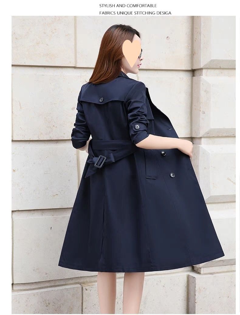 Women's British Style Trench Coat, Mid-Length Casual Overcoat, Knee-Length Loose Fit Jacket For Spring & Autumn (Navy, Khaki)_voghion.com