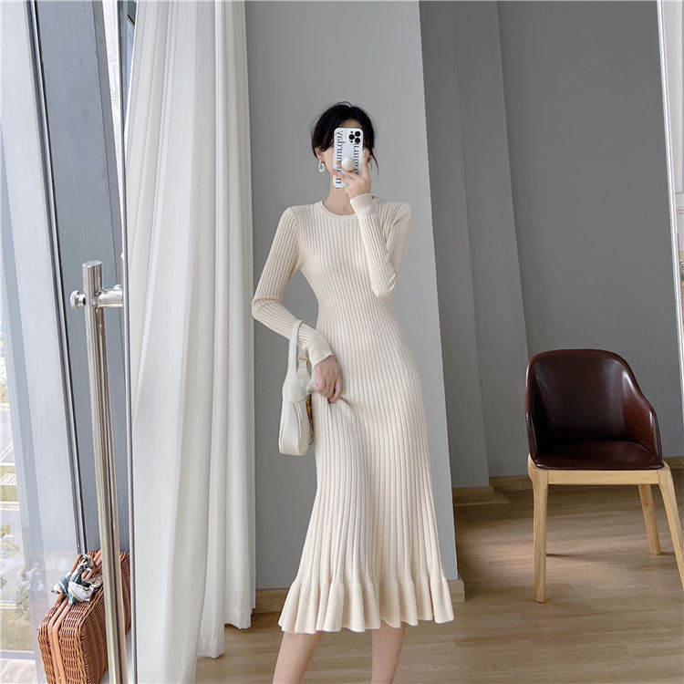 Abito in maglia a coda di pesce K da donna sopra il ginocchio, lunghezza midi, strato base aderente invernale con cappotto._voghion.com