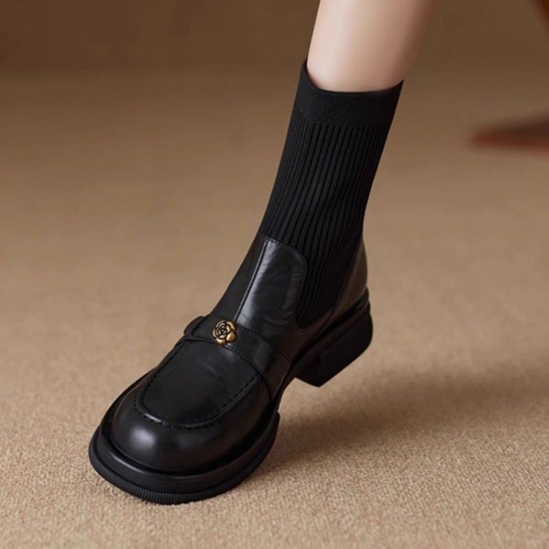 Martin für Damen, Herbst und Winter, dicke Sohle, kurze gestrickte Stretch-Sockenstiefel, kleine Lederschuhe mit klobigem Absatz,_voghion.com