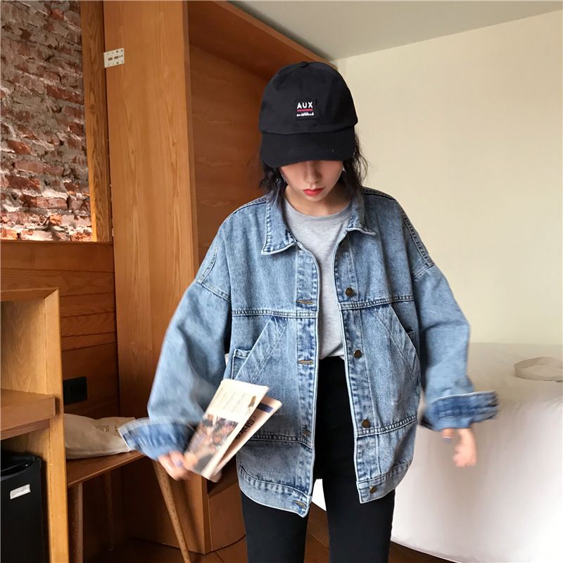 Giacca di jeans vintage da donna, cappotto casual oversize con collo alto, camicetta ampia a maniche lunghe, moda autunno inverno retrò chic_voghion.com