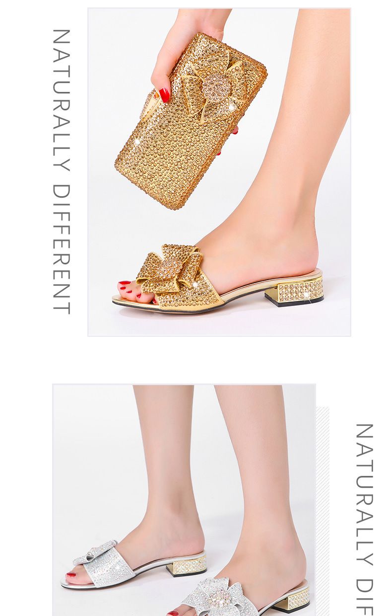 Damenschuhe: Damen-Slipper mit flacher Sohle und Rautenmuster, Clutch mit Strasssteinen, heiße Tasche mit Strasssteinen, Set aus Schuhen und Tasche mit flachem Absatz in großen Größen_voghion.com