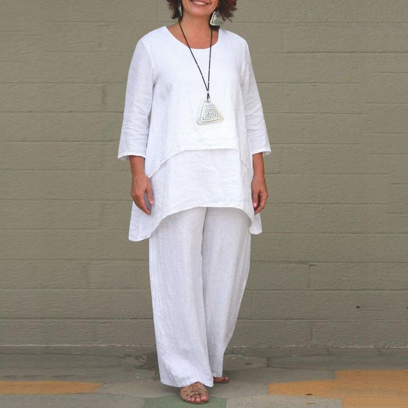 2024 Nouvelles Femmes Coton Chanvre Mode Décontracté Grande Irrégulière Manches Longues Pantalon Large Jambe Deux Pièces Ensemble_voghion.com