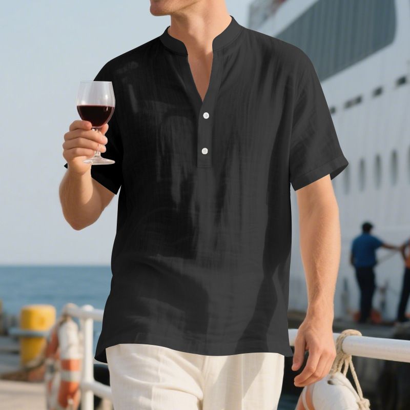 Camicia casual estiva da uomo, ampia, con colletto alto, abbottonata, in lino, a maniche corte, tinta unita, taglie forti_voghion.com