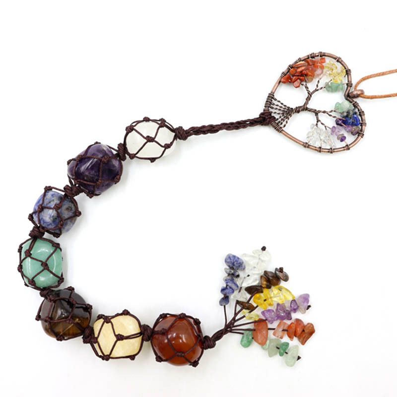 Handwoven 7-Color Crystal Gemstone Tree Of Life Car Hanging Ornament, Dreamcatcher Pendant, Boho Home Decor, Natural Stone Beaded Charm_voghion.com