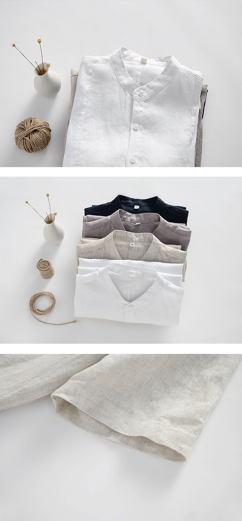 Abbigliamento estivo da uomo in lino, camicia casual in lino con colletto alto, maglia ampia in lino a maniche corte_voghion.com