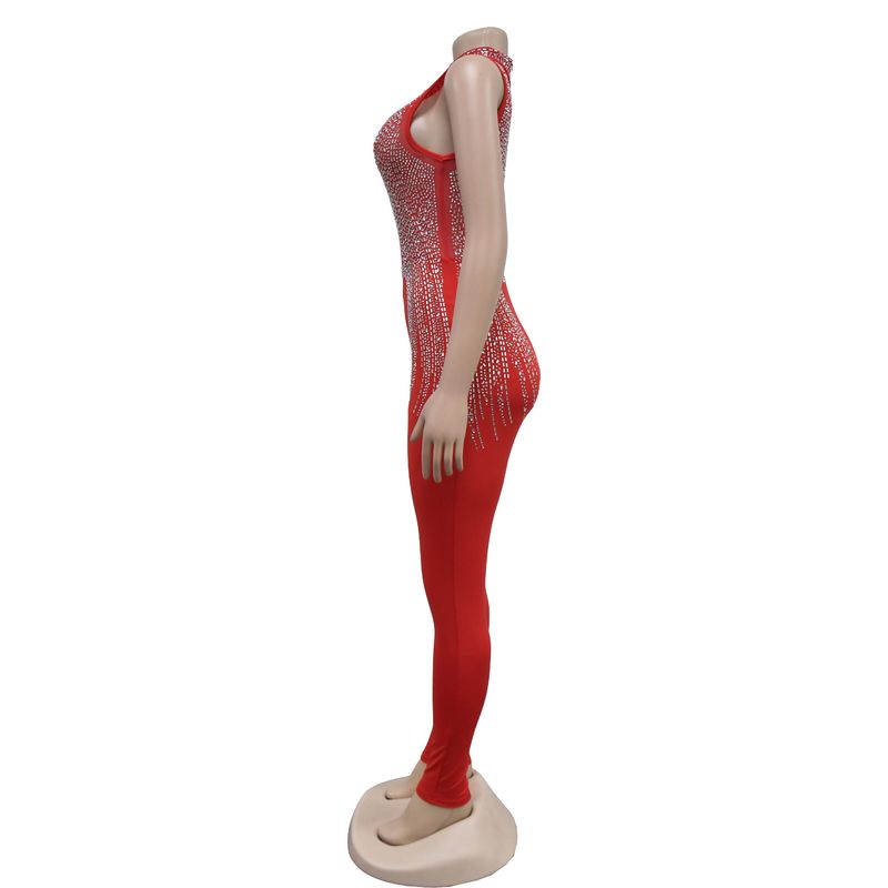 Vêtements pour femmes mode femmes couleur unie maille presse perceuse sans manches pantalon combinaison_voghion.com
