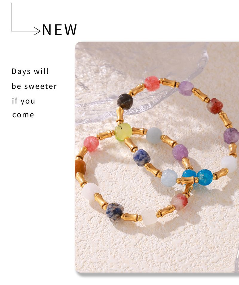 Bohemian Creative Color Dopamine Natural Stone Bead Bracelet Titanium Steel Niche Design_voghion.com
