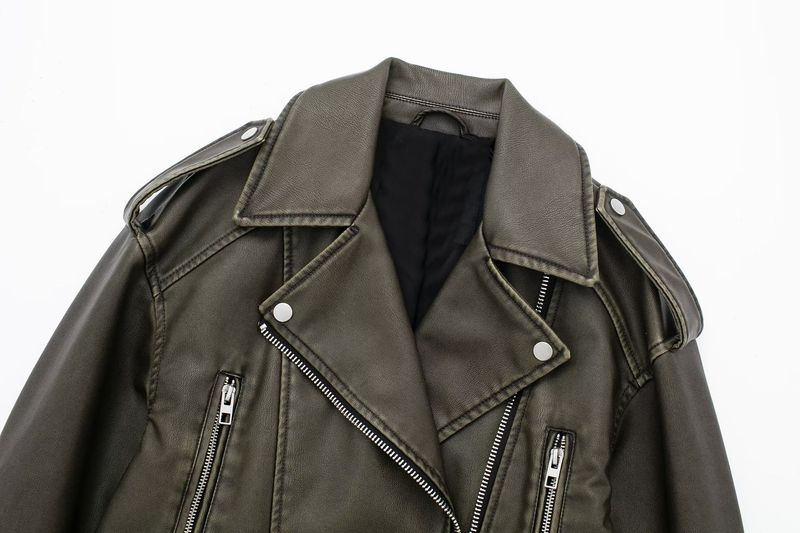 Dameskleding 2024 herfst en winter nieuw item diagonale rits riem revers leren PU jas_voghion.com