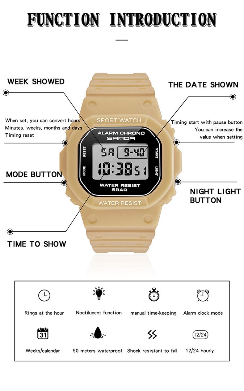 Elegante orologio sportivo digitale quadrato con impermeabile, luce notturna e multifunzione per stili di vita attivi, orologio luminoso alla moda per studenti_voghion.com